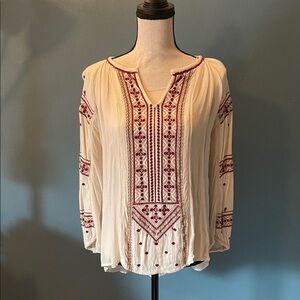 Lucky Brand Ivory and Burgundy Embroidered Blouse